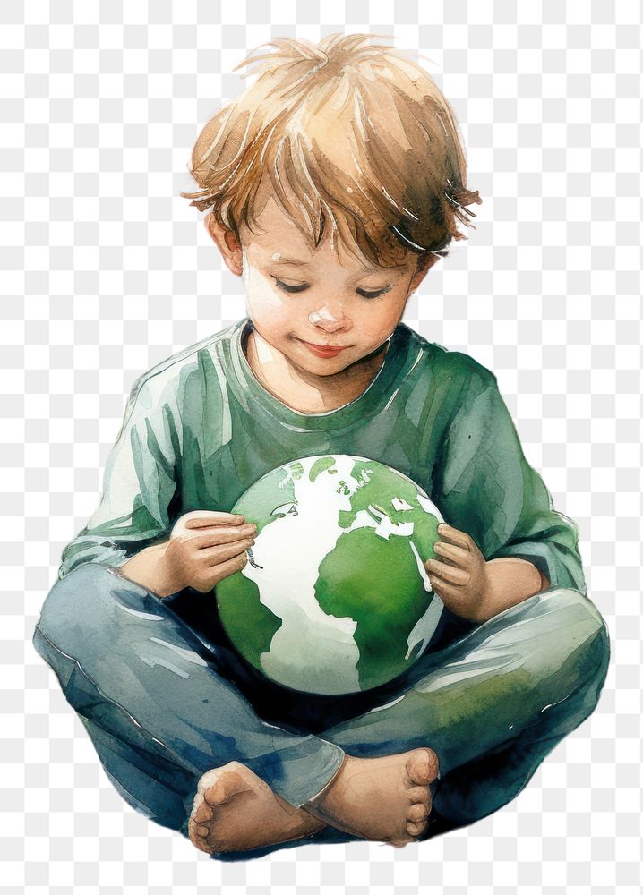 PNG  A little boy hugging a green globe portrait child cross-legged. AI generated Image by rawpixel.