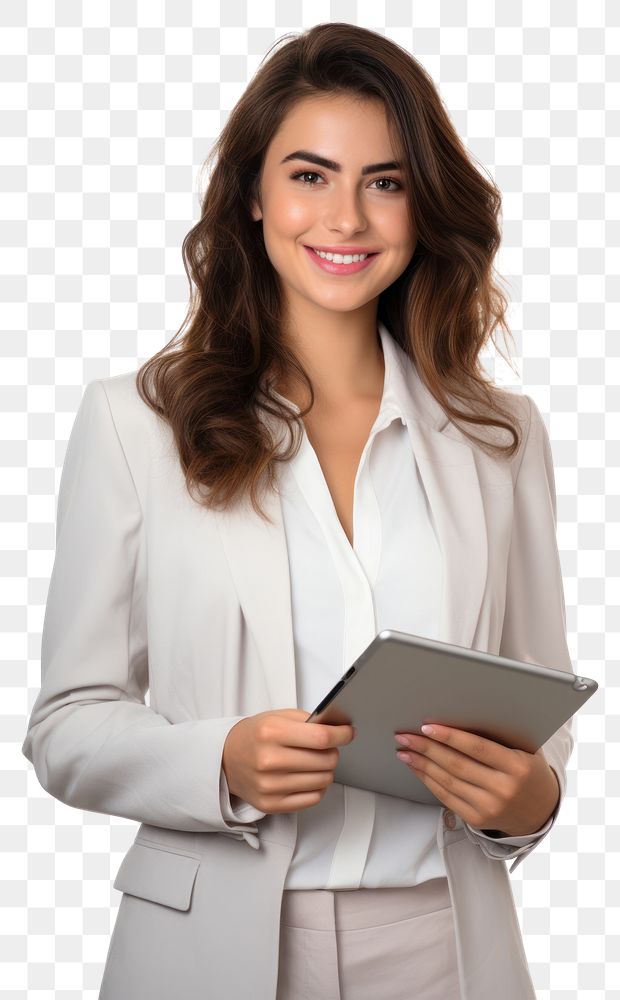 PNG Young modern business woman looking at the tablet screen while working computer portrait smile. AI generated Image by…