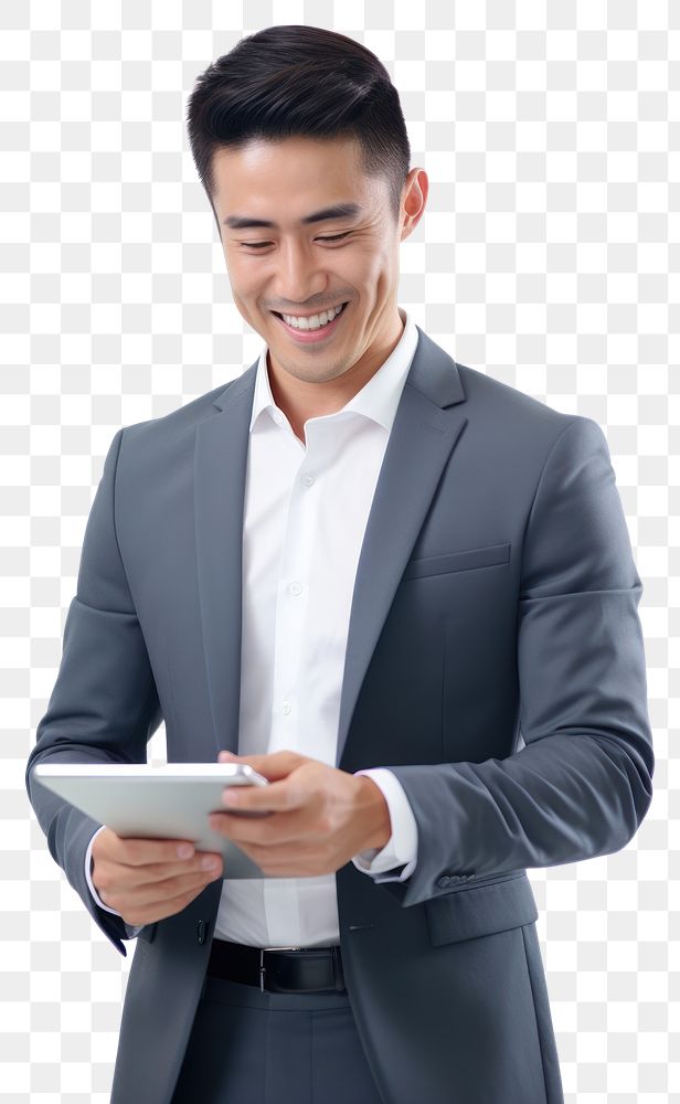 PNG Young modern business man looking at the tablet screen while working computer adult portability. AI generated Image by…