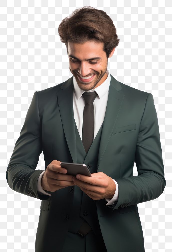 PNG Young modern business man looking at the tablet screen while working portrait tuxedo blazer. AI generated Image by…