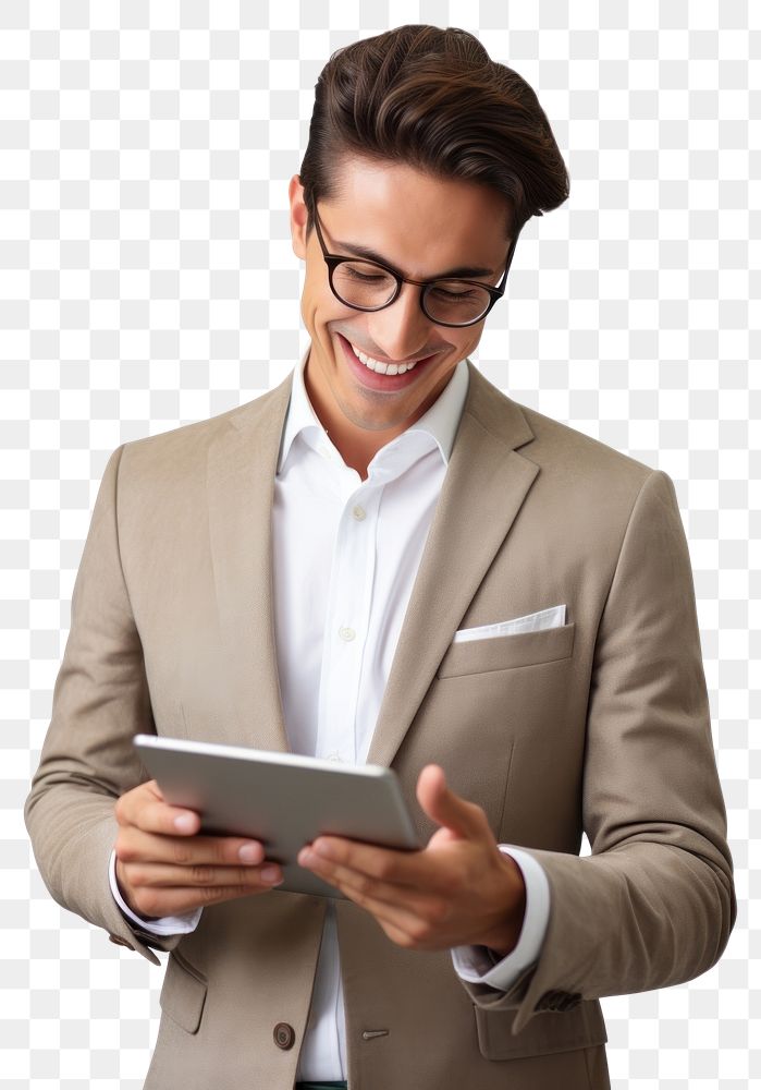 PNG Young modern business man looking at the tablet screen while working computer glasses reading