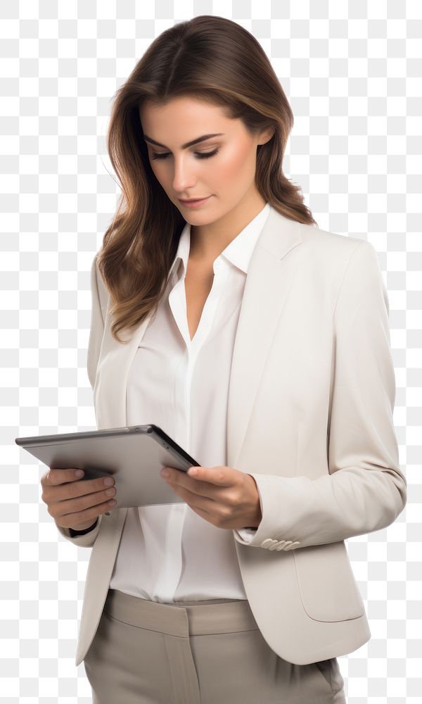 PNG Young businesswoman looking at the tablet screen while working computer blazer concentration. AI generated Image by…