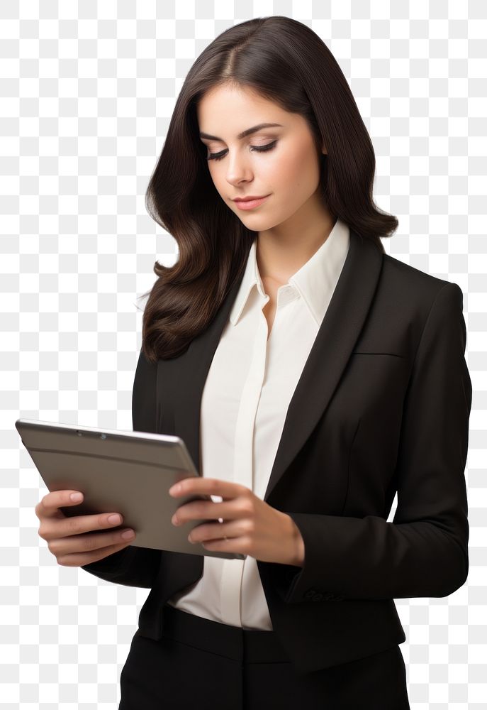 PNG Young businesswoman looking at the tablet screen while working computer adult portability. AI generated Image by…