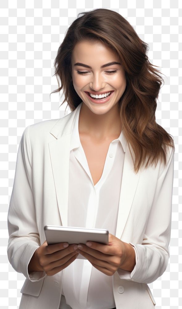 PNG Young smart woman looking at the tablet screen while working smile computer adult