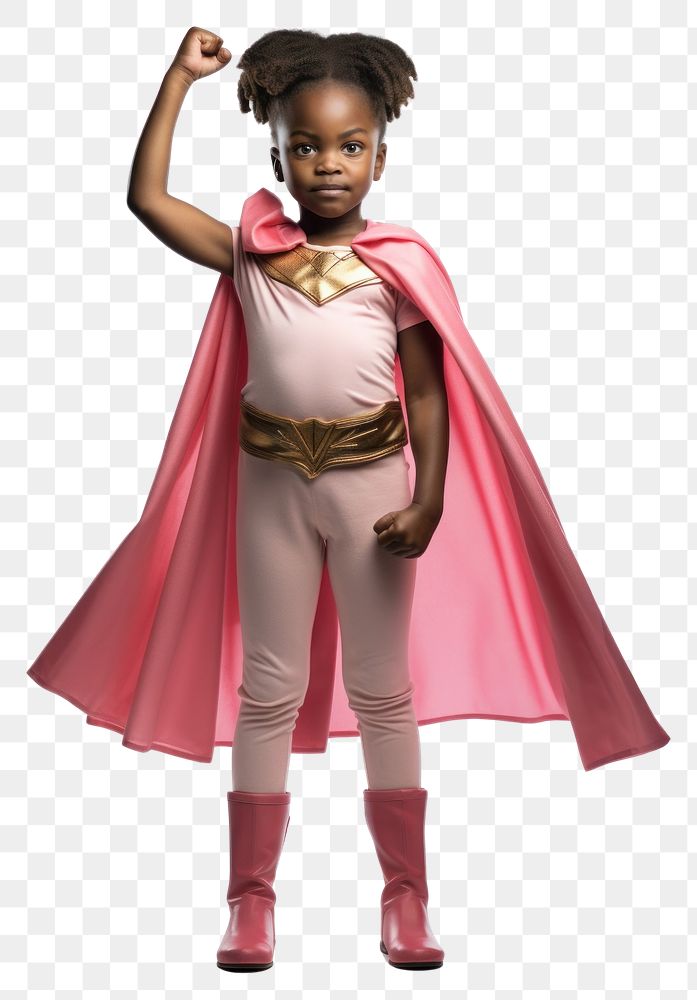 PNG A young girl in a homemade superhero costume standing child white background. AI generated Image by rawpixel.