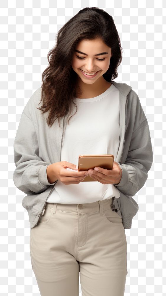 PNG  Woman holding smartphone standing reading adult. AI generated Image by rawpixel.