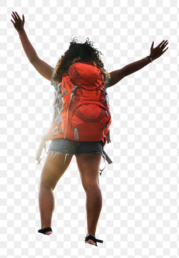 PNG black female backpacker rear view, transparent background