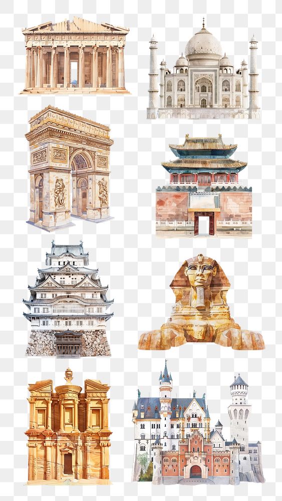 PNG Watercolor landmark element set, transparent background