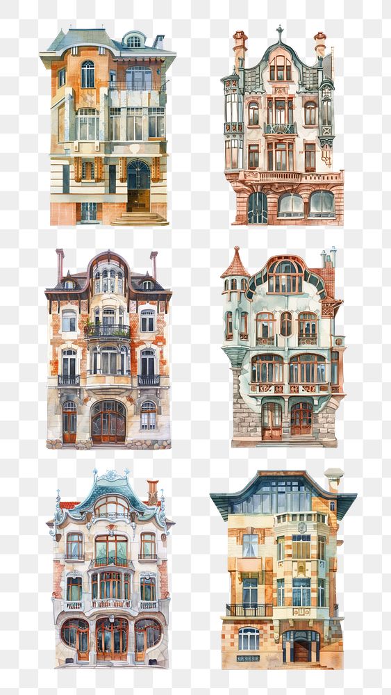 PNG watercolor art nouveau house design element set, transparent background