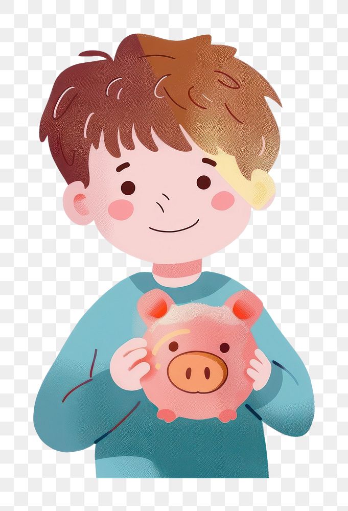 PNG Cute boy holding piggy bank cartoon person human.