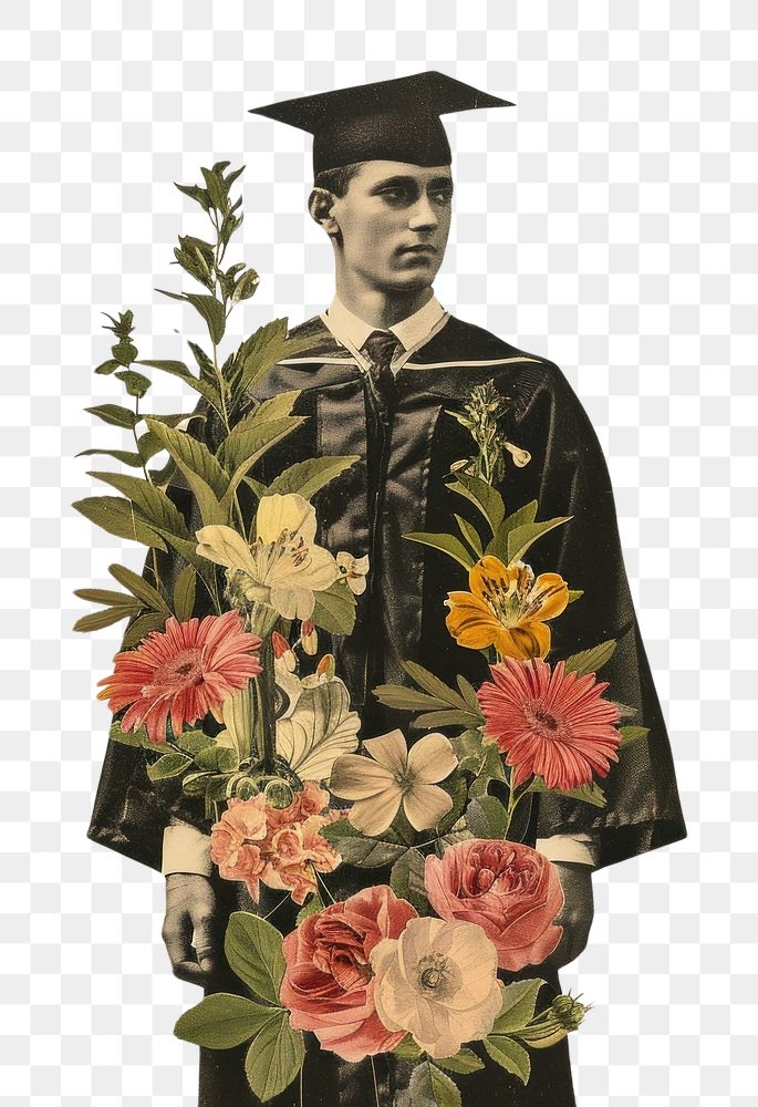 PNG  Paper collage of man in graduation costume flower photo photography.