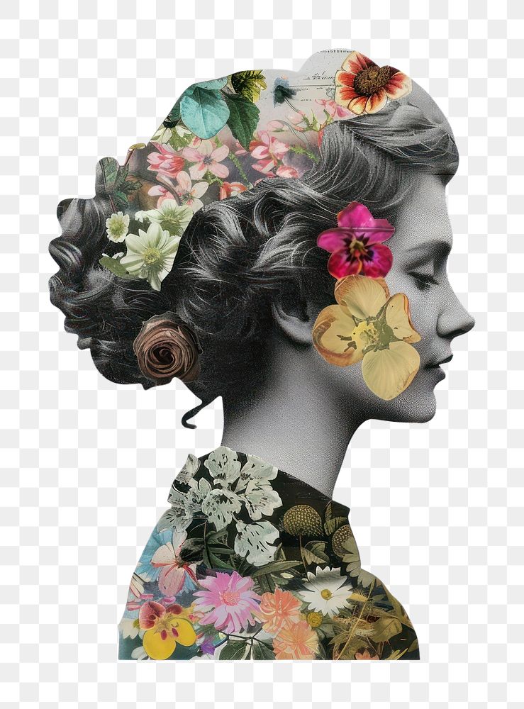 Paper collage of woman photo art accessories.