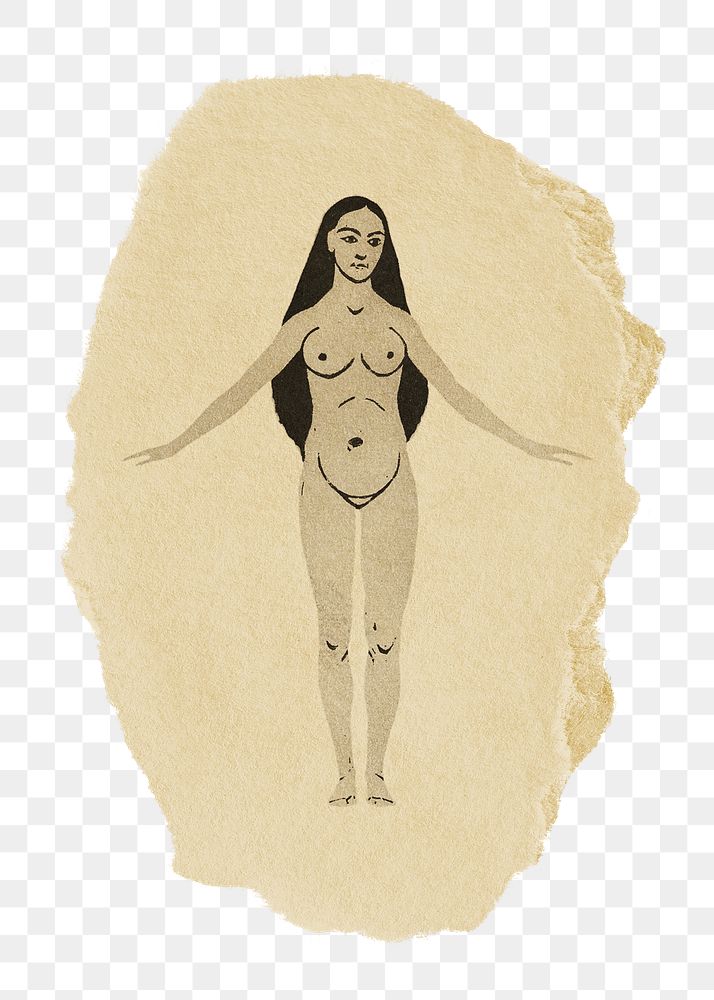 Png naked woman sticker, vintage illustration on ripped paper, transparent background
