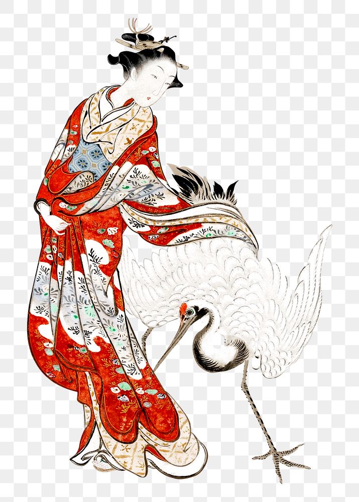 Japanese woman png with crane on transparent background.    Remastered by rawpixel. 