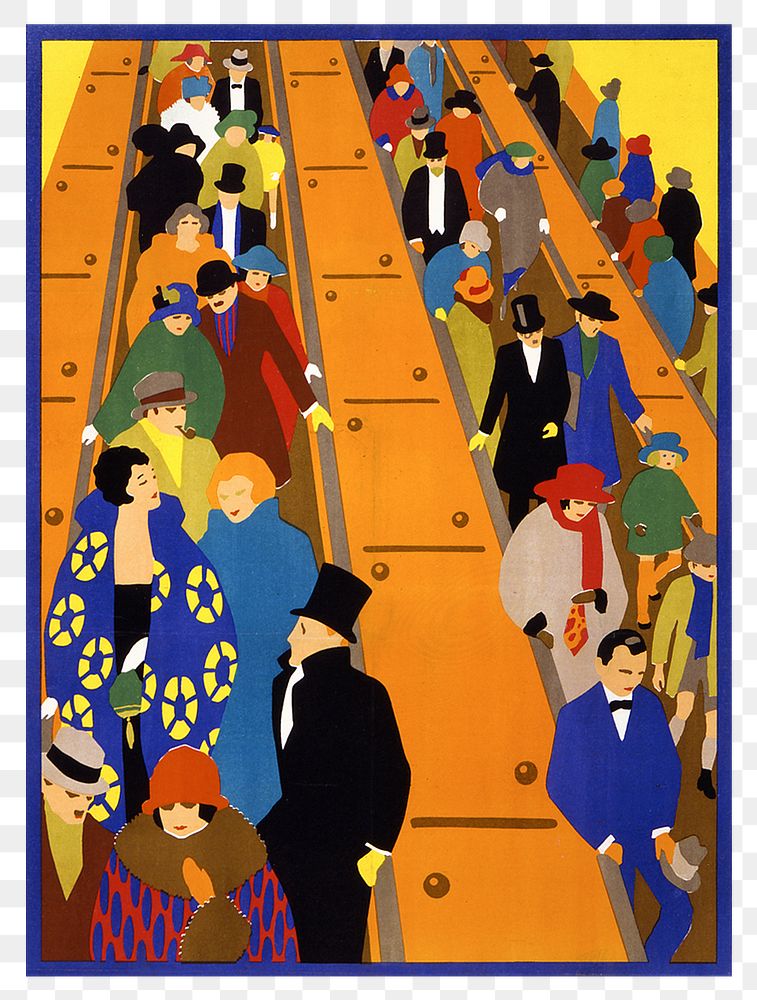 PNG crowded on escalators sticker, transparent background. Original public domain image from the Library of Congress.…