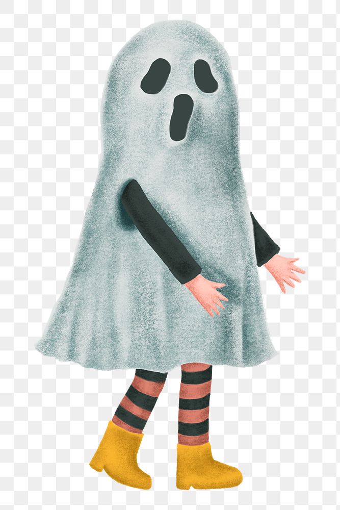 White ghost png sticker, kid in Halloween costume illustration, transparent background