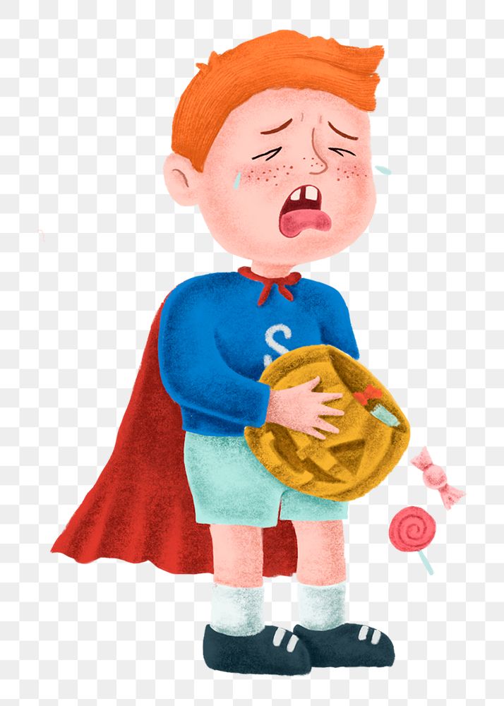 Crying boy png sticker, Halloween superhero costume, transparent background