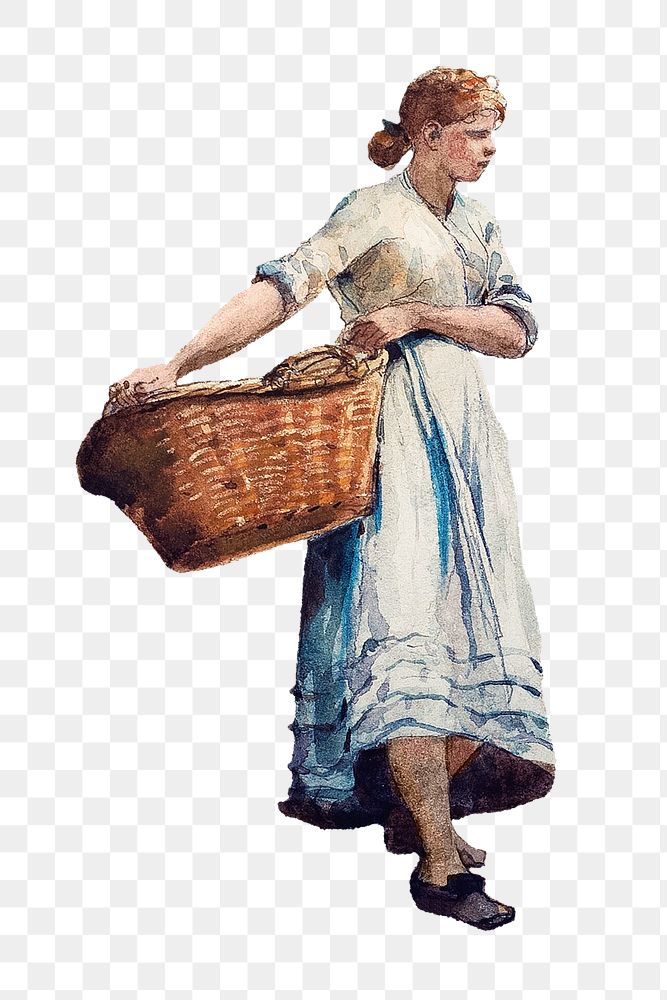 Girl Carrying png Basket sticker, Winslow Homer's vintage illustration, transparent background, remixed by rawpixel