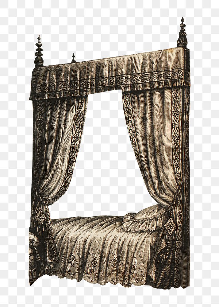 PNG Victorian four-poster bed, vintage furniture sticker, transparent background.  Remastered by rawpixel.