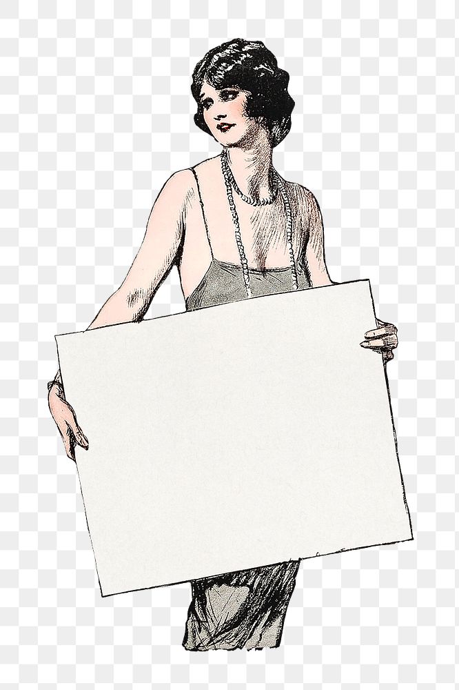 Vintage woman png holding sign, chromolithograph art, transparent background. Remixed by rawpixel. 