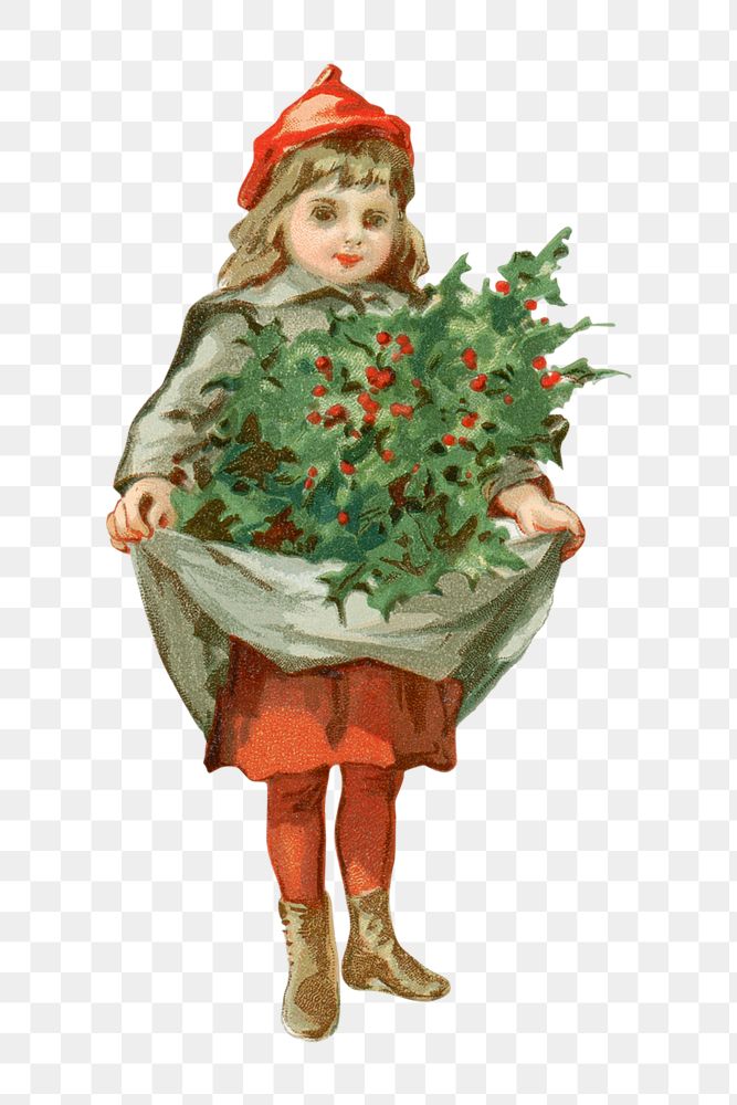 PNG Little girl with holly, vintage illustration by L. Prang & Co, transparent background. Remixed by rawpixel.