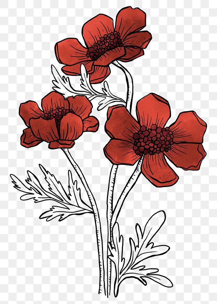 Red flower branch png element, transparent background