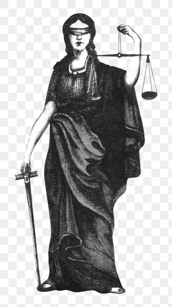 Woman png holding justice scales and sword, vintage illustration on transparent background. Remixed by rawpixel.