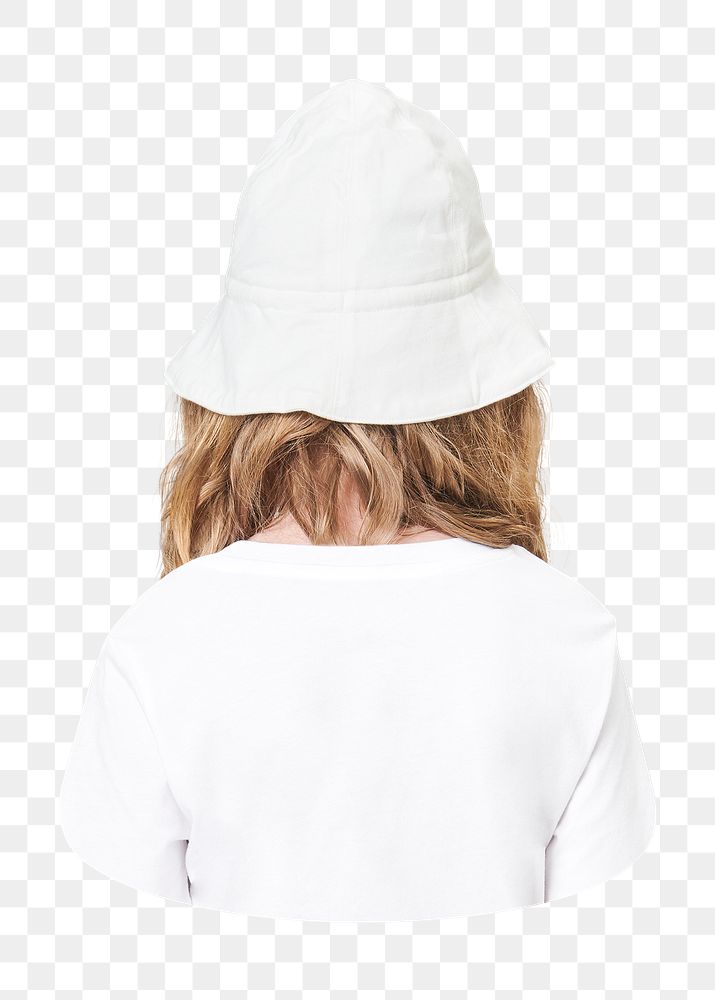 Png girl in white apparel back view sticker, transparent background