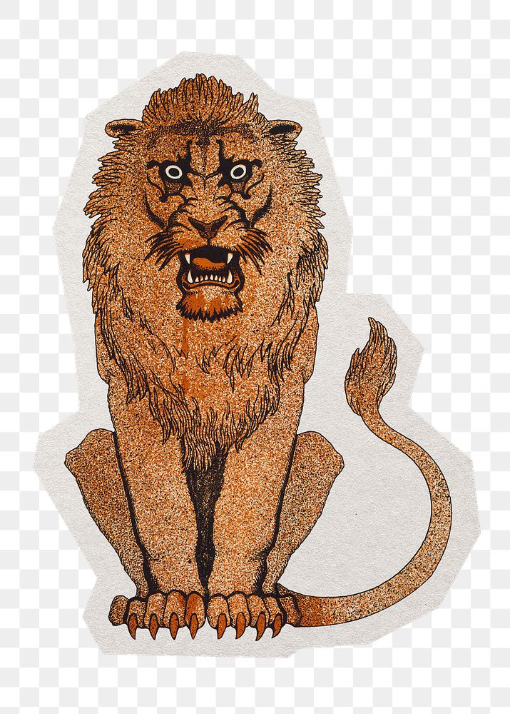 PNG lion sticker with white border,  transparent background