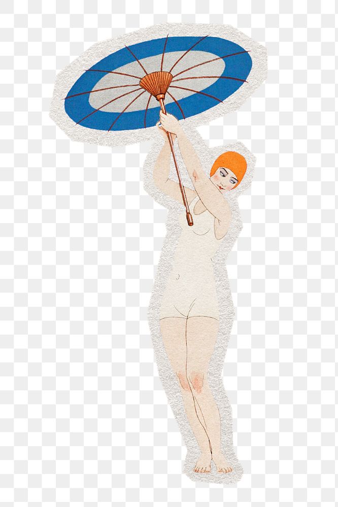 PNG vintage swimsuit feminine fashion sticker with white border,  transparent background 