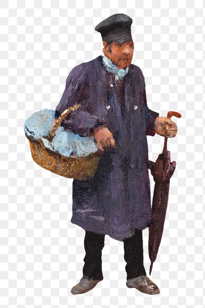 Man holding basket png, vintage illustration by Jean Beraud, transparent background. Remixed by rawpixel.