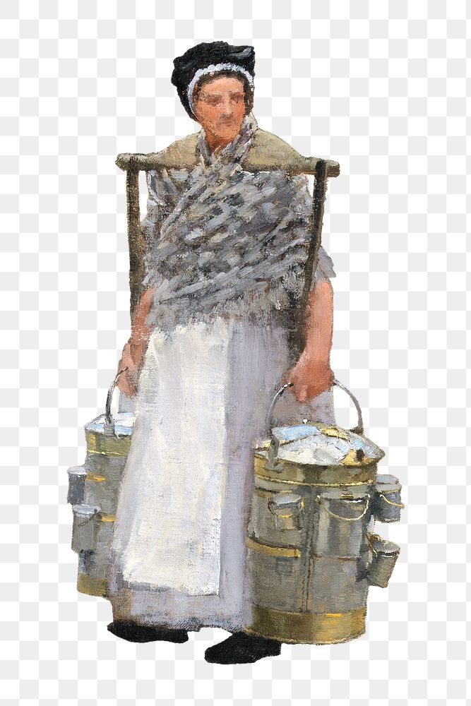 Vintage woman png carrying water buckets by George Clausen, transparent background. Remixed by rawpixel.