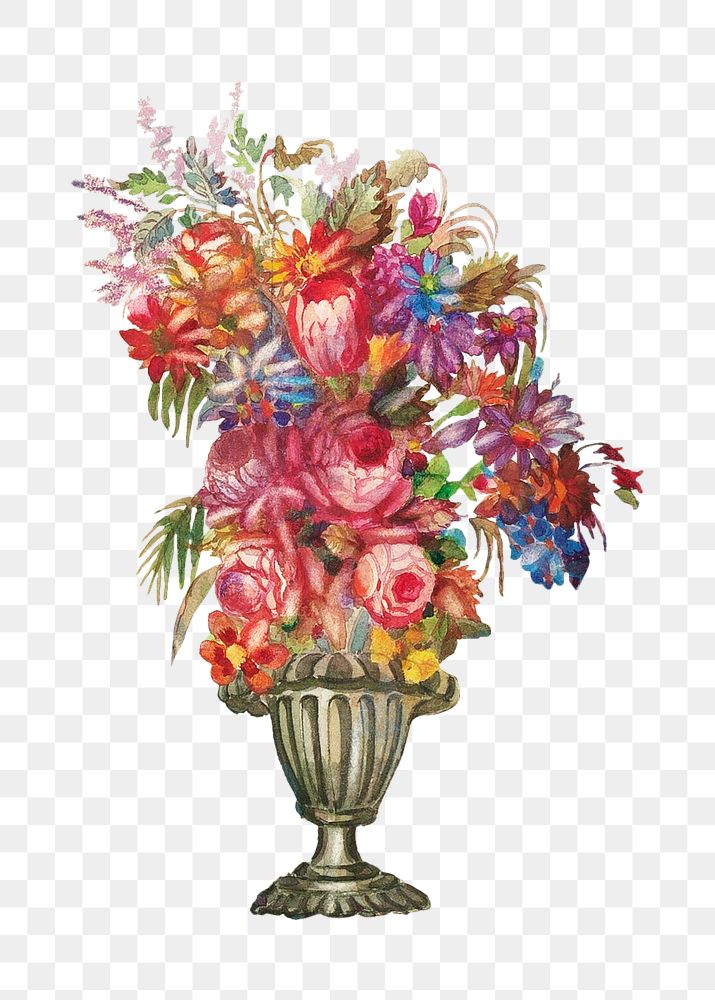PNG Colorful flower fountain, vintage illustration by Perkins Harnly and Nicholas Zupa, transparent background. Remixed by…