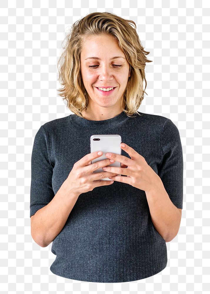 Woman using phone png collage element, transparent background