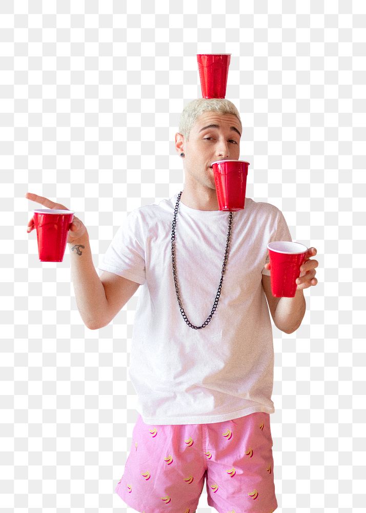 Cheerful young man holding red cups transparent png