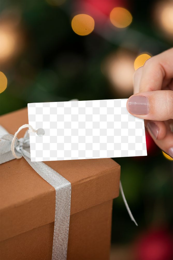 Woman holding a brown present with a card mockup transparent png