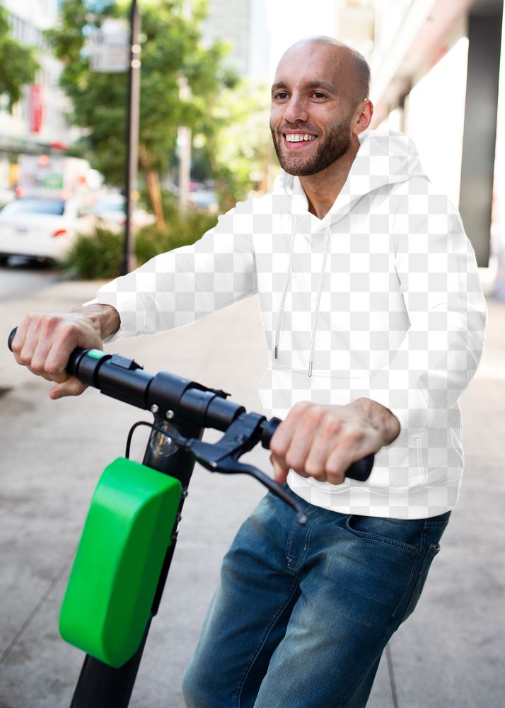 Menswear png hoodie mockup on a man with scooter
