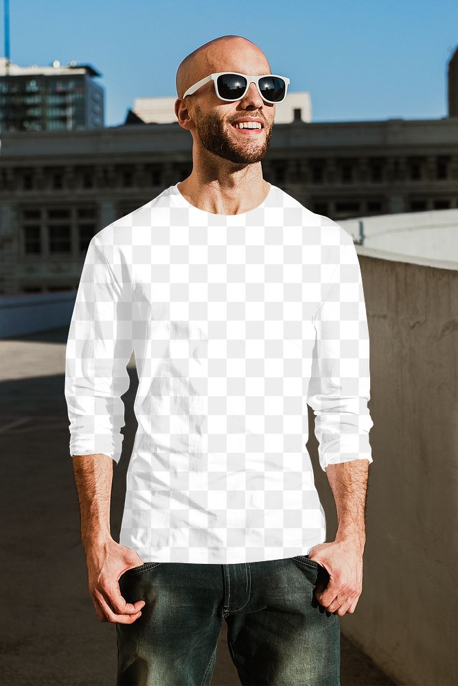 Png men&rsquo;s crew neck long sleeve tee mockup on man wearing sunglasses