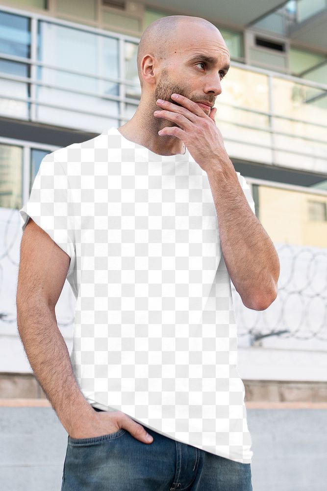 Png men&rsquo;s tee apparel mockup on a man in the city street style fashion