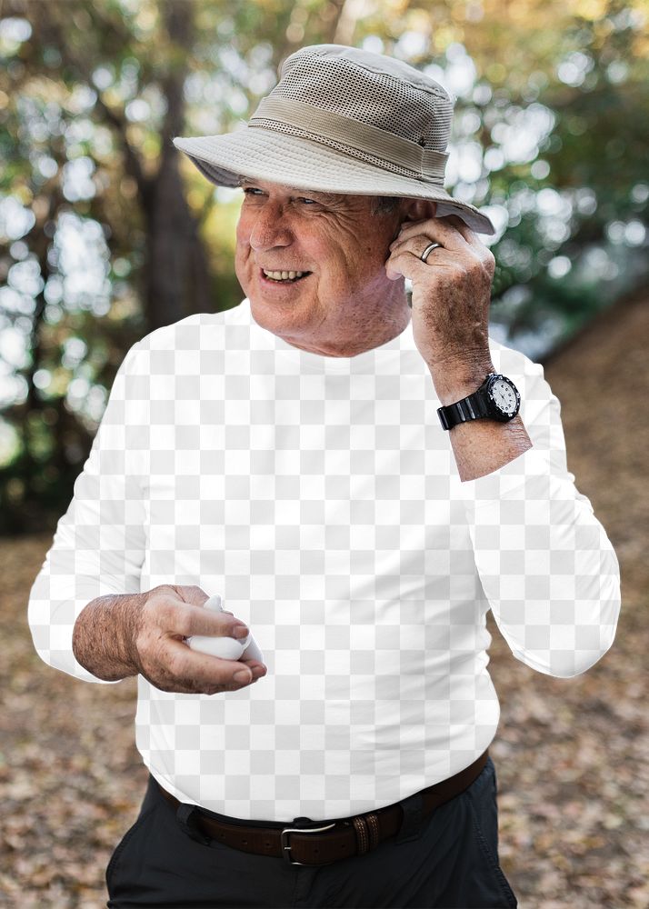 Png apparel mockup on senior man using his wireless earbuds