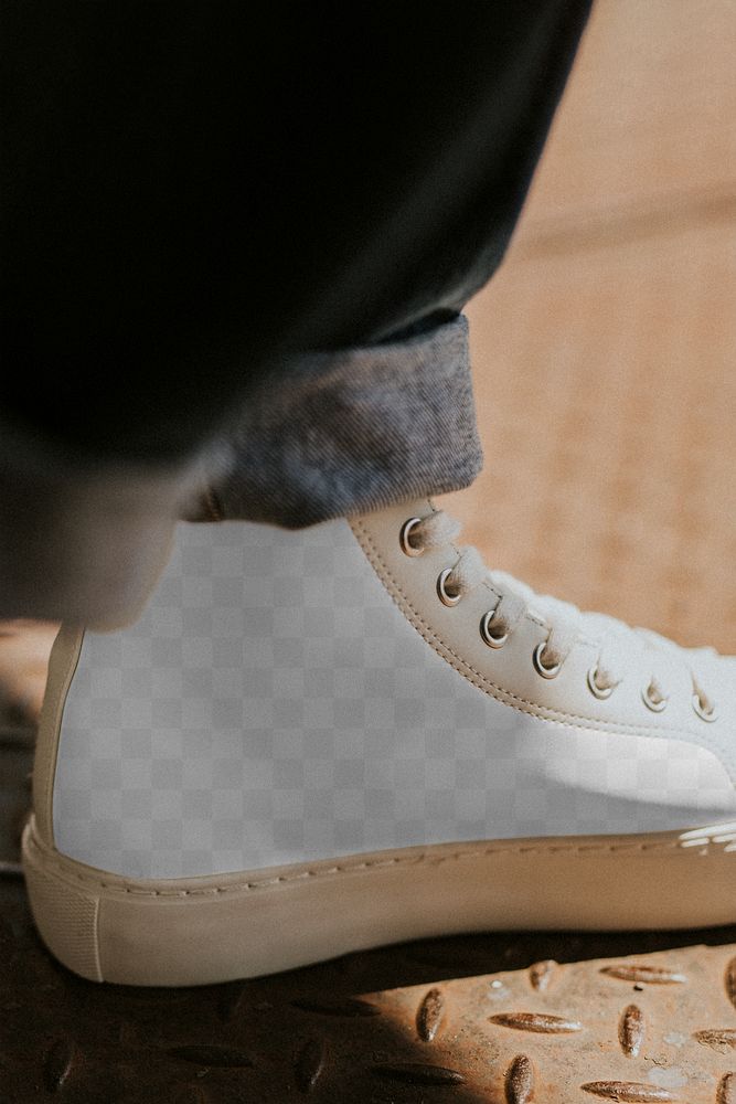 High top sneakers png mockup side view on jeans model