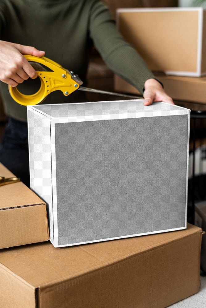 Parcel box transparent mockup png being packed for delivery by a small business owner