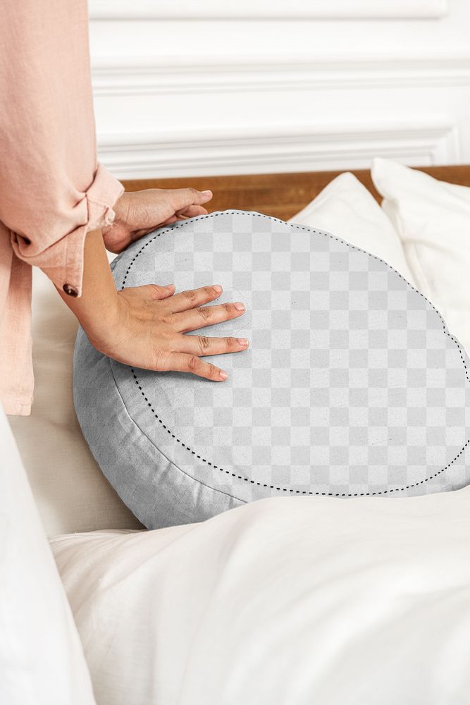 Round cushion cover png mockup on a bed