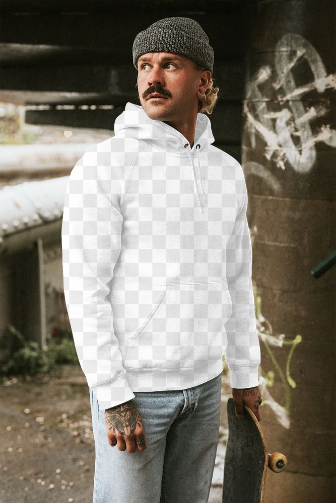 Men&rsquo;s hoodie mockup png on a skateboarder 