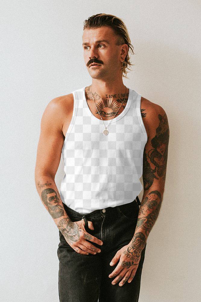 Tank top mockup png with black jeans on tattooed male model