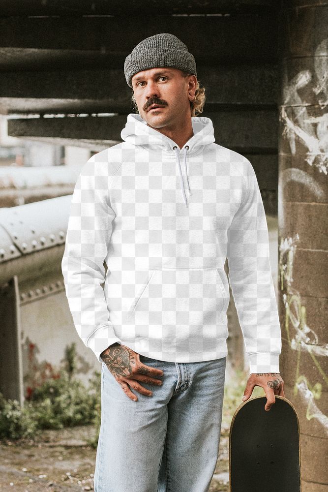 Men&rsquo;s hoodie mockup png on a skateboarder 