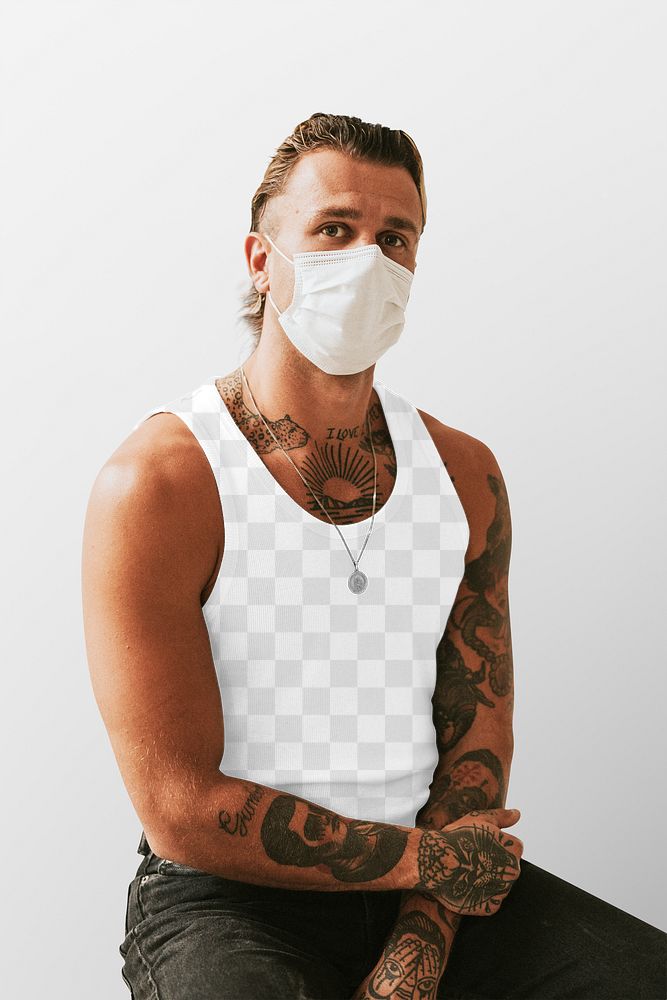 Men&rsquo;s png tank top mockup alternative fashion with a face mask in the new normal