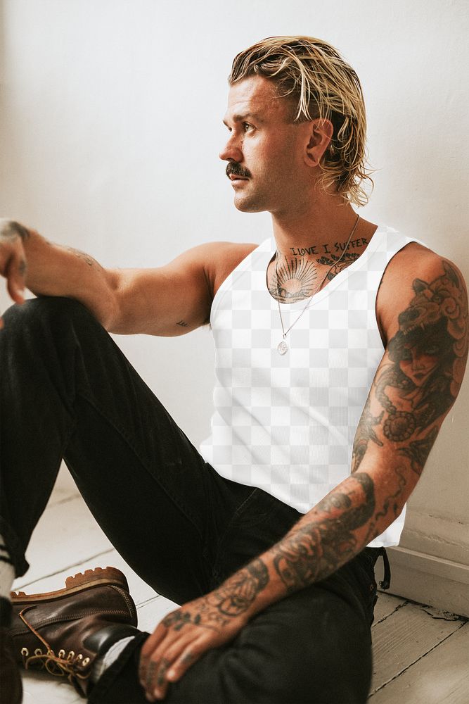 Tank top mockup png with black jeans on tattooed male model