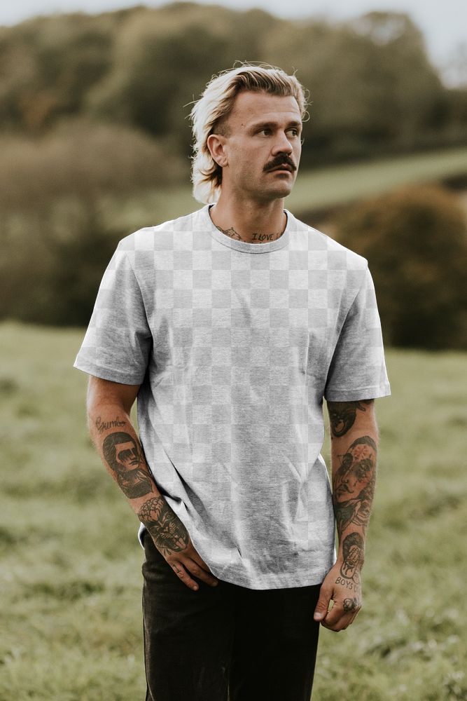 T-shirt png mockup on casual men's fashion outdoor shoot