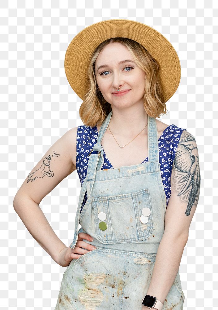PNG hipster woman mockup in denim apron